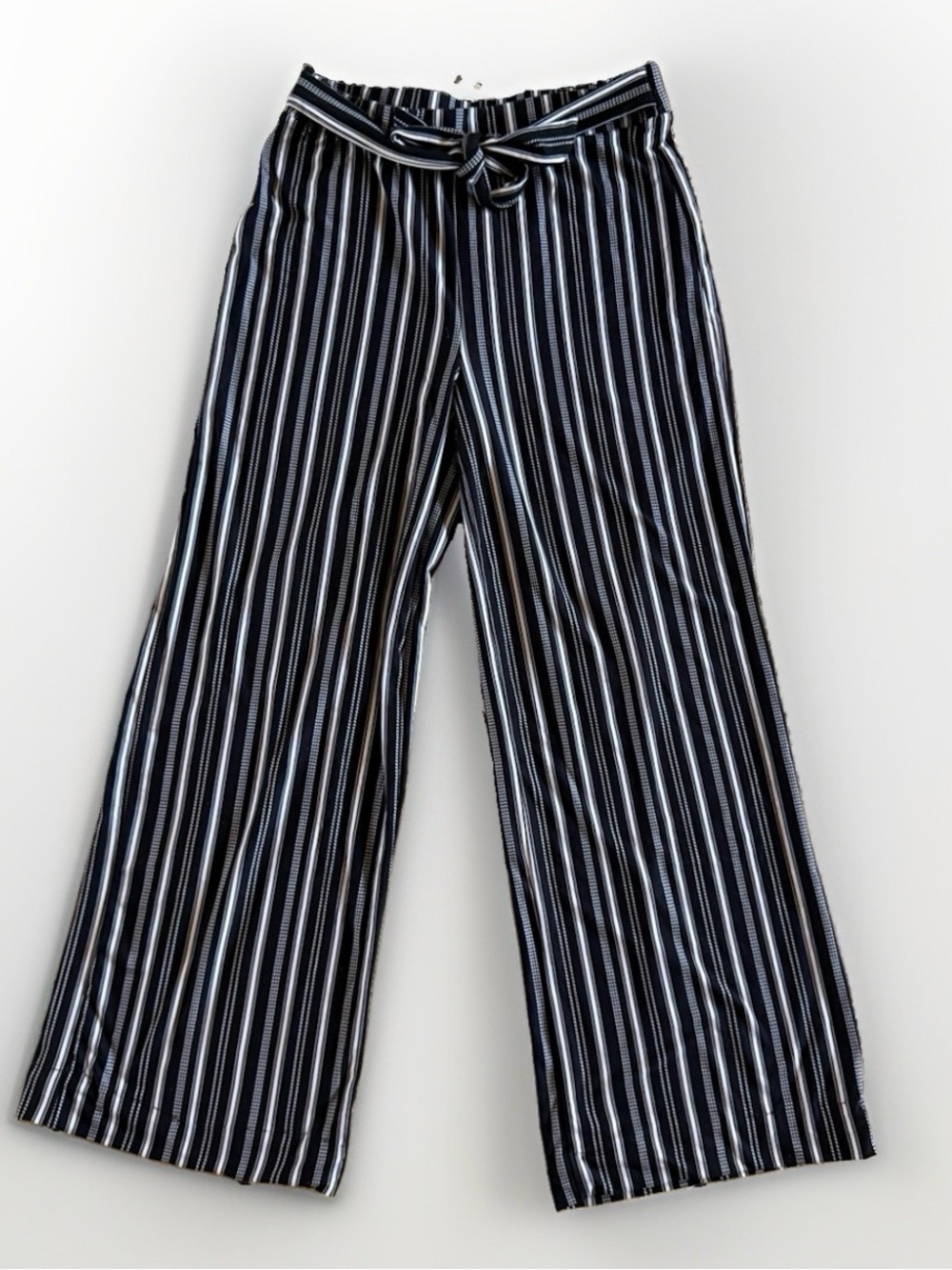 Bobbie Brooks Womens S Black White Striped Wide Leg Pants Tie Waist Altered Hem